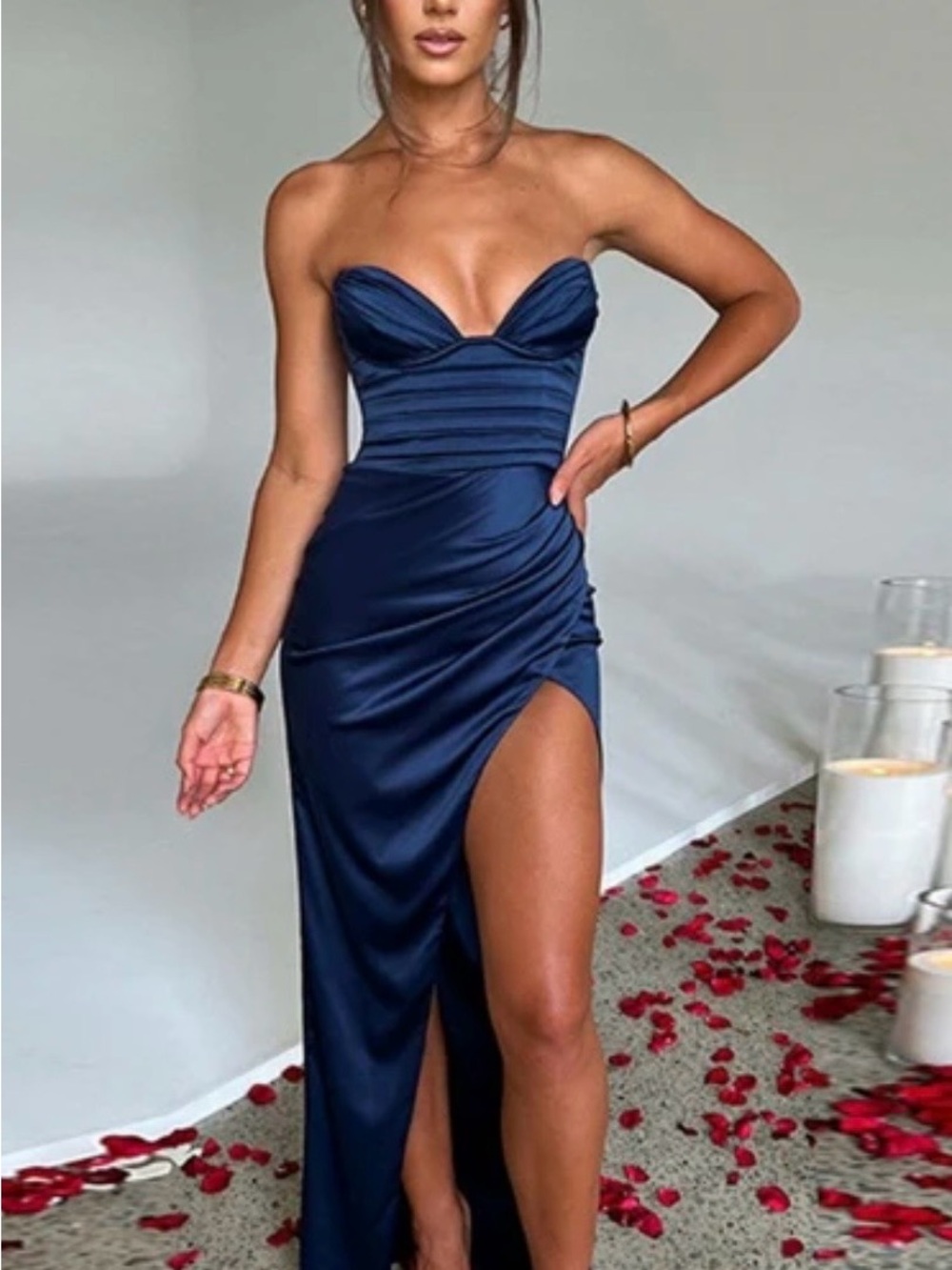 Strapless Navy Maxi Gown with Sweetheart Neckline and High Slit